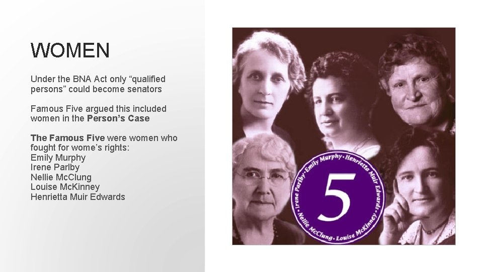 WOMEN Under the BNA Act only “qualified persons” could become senators Famous Five argued