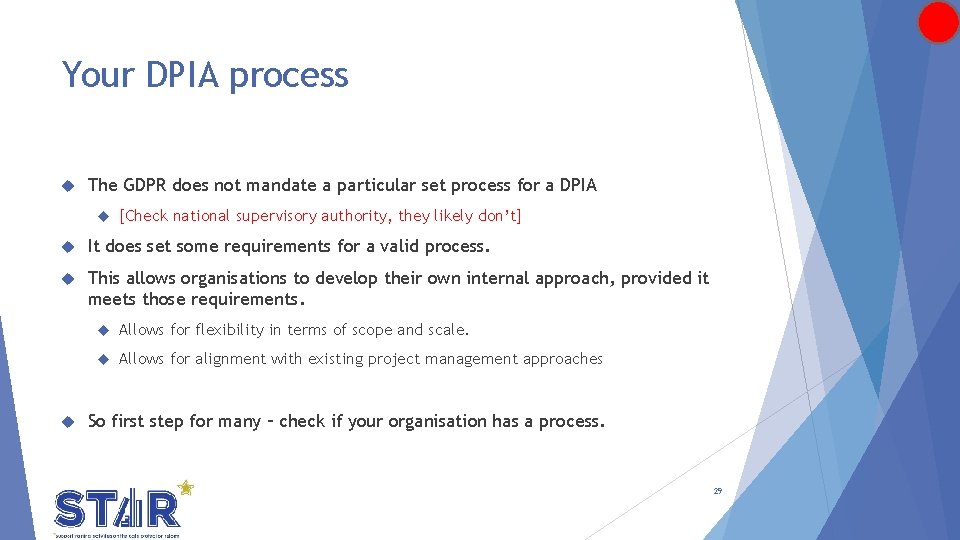 Your DPIA process The GDPR does not mandate a particular set process for a