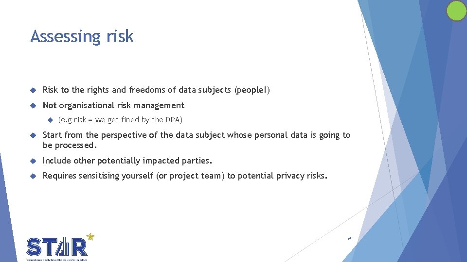 Assessing risk Risk to the rights and freedoms of data subjects (people!) Not organisational