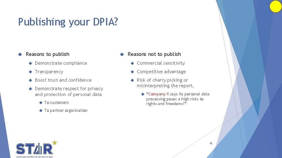 Publishing your DPIA? Reasons to publish Reasons not to publish Demonstrate compliance Commercial sensitivity