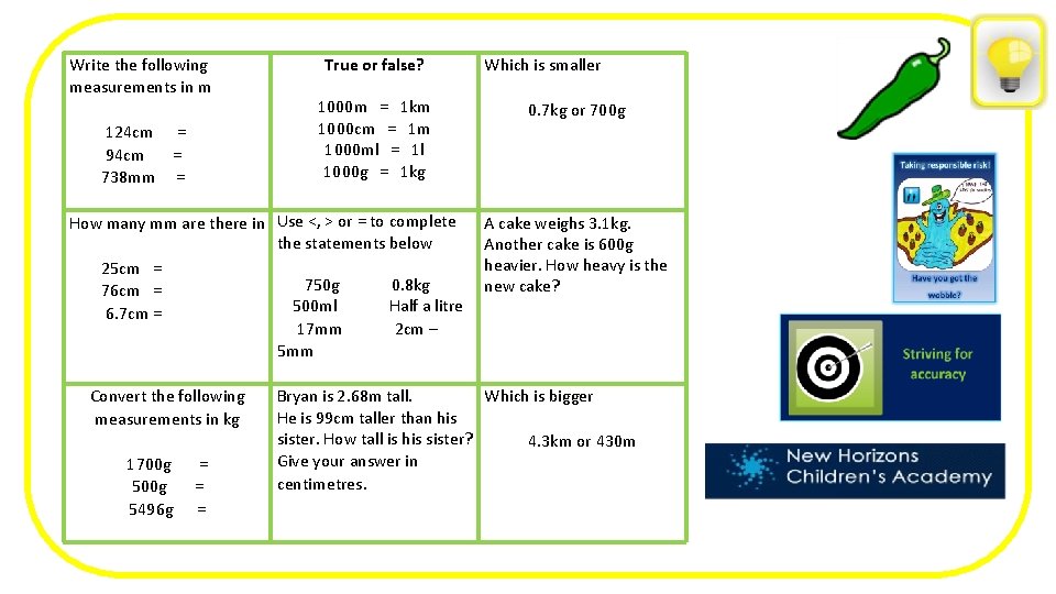 Write the following measurements in m 124 cm = 94 cm = 738 mm