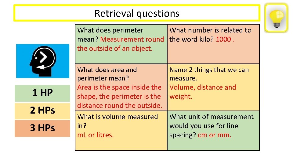 Retrieval questions What does perimeter What number is related to mean? Measurement round the