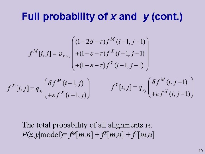 Full probability of x and y (cont. ) The total probability of all alignments Full probability of x and y (cont. ) The total probability of all alignments
