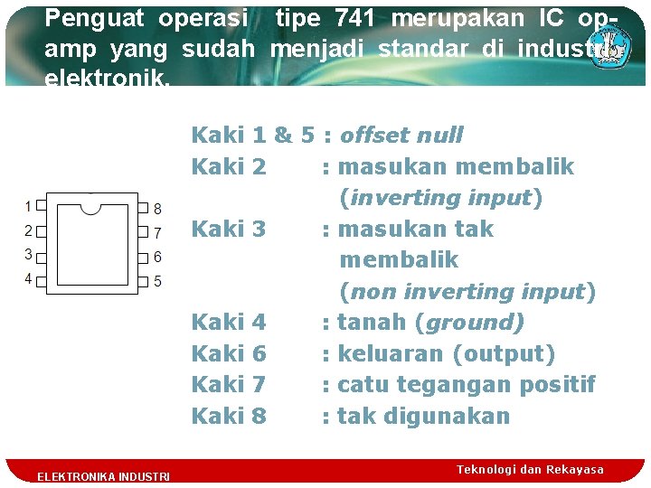 Penguat operasi tipe 741 merupakan IC opamp yang sudah menjadi standar di industri elektronik.