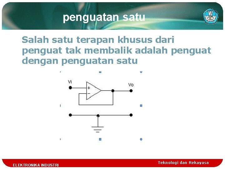 penguatan satu Salah satu terapan khusus dari penguat tak membalik adalah penguat dengan penguatan