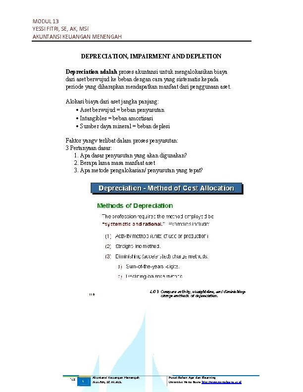 MODUL 13 YESSI FITRI, SE, AK, MSi AKUNTANSI KEUANGAN MENENGAH DEPRECIATION, IMPAIRMENT AND DEPLETION