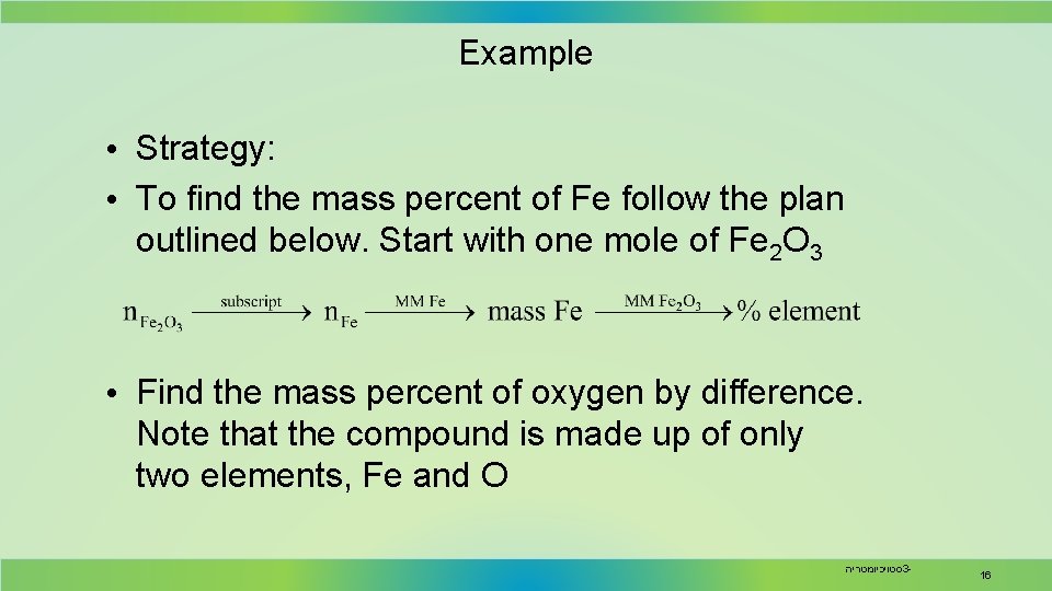 Example • Strategy: • To find the mass percent of Fe follow the plan