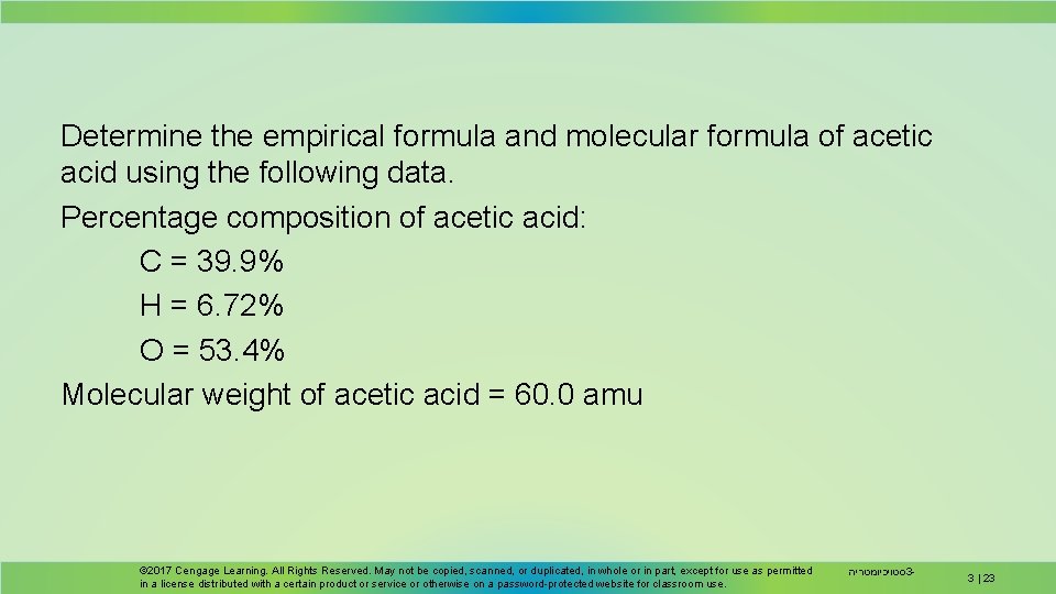 Determine the empirical formula and molecular formula of acetic acid using the following data.