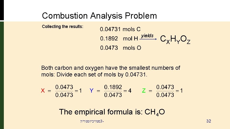 Combustion Analysis Problem Collecting the results: yields CX HY O Z Both carbon and