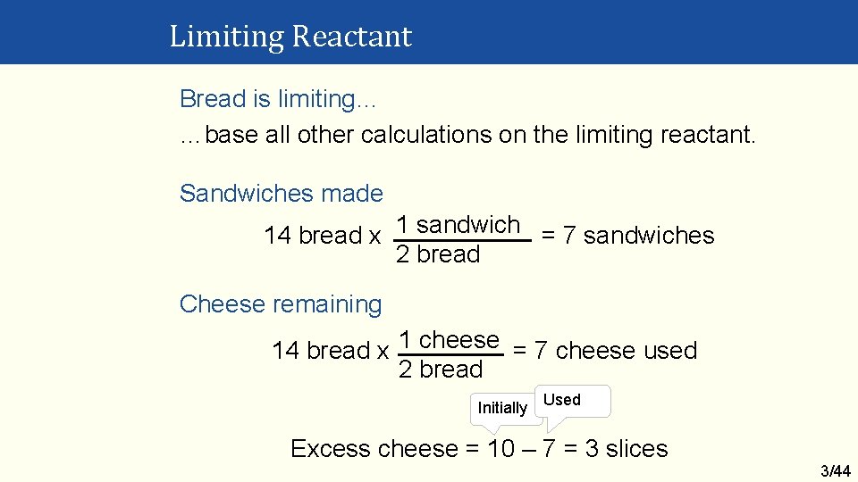 Limiting Reactant Bread is limiting… …base all other calculations on the limiting reactant. Sandwiches