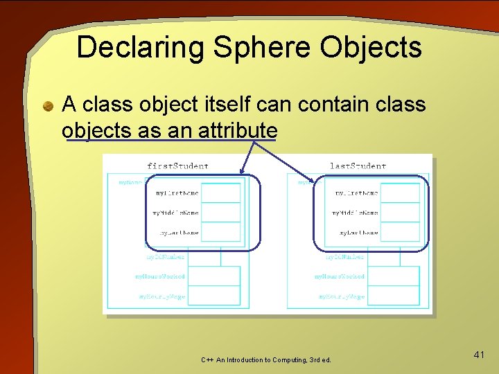 Declaring Sphere Objects A class object itself can contain class objects as an attribute