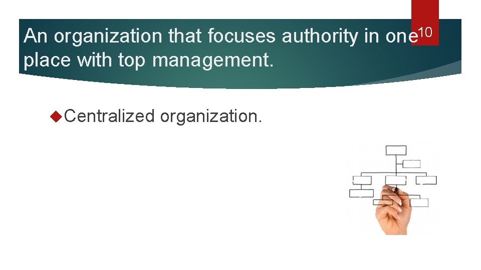 An organization that focuses authority in one 10 place with top management. Centralized organization.