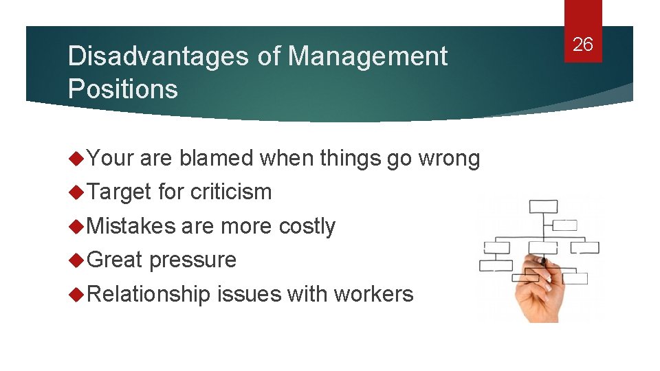 Disadvantages of Management Positions Your are blamed when things go wrong Target for criticism