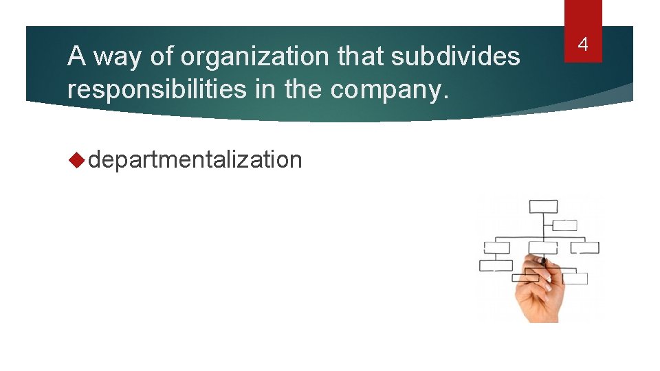 A way of organization that subdivides responsibilities in the company. departmentalization 4 