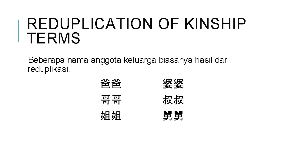 REDUPLICATION OF KINSHIP TERMS Beberapa nama anggota keluarga biasanya hasil dari reduplikasi. 爸爸 哥哥