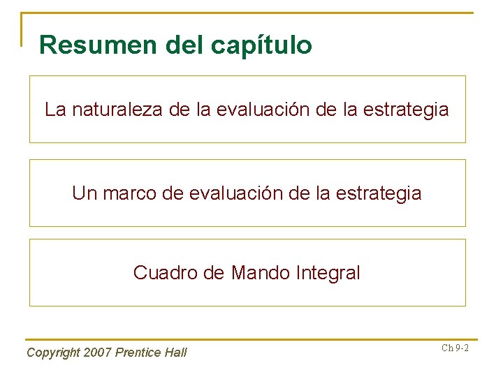 Resumen del capítulo La naturaleza de la evaluación de la estrategia Un marco de