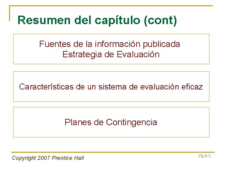 Resumen del capítulo (cont) Fuentes de la información publicada Estrategia de Evaluación Características de