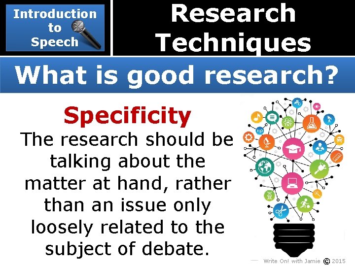 Research Techniques What is good research? Introduction to Speech Specificity The research should be