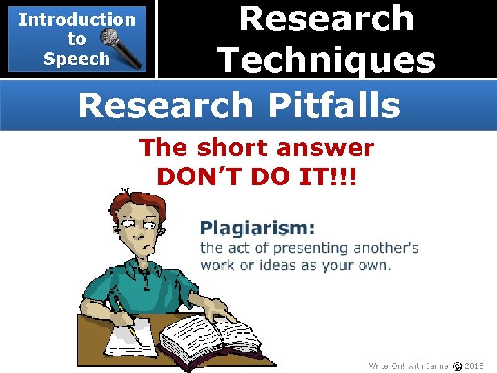 Research Techniques Research Pitfalls Introduction to Speech The short answer DON’T DO IT!!! Write