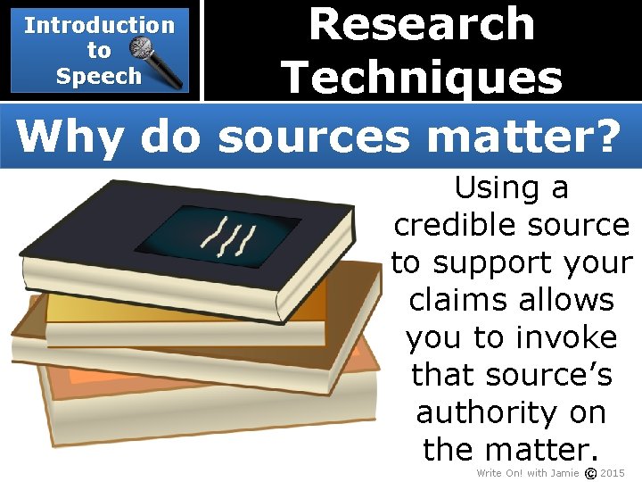 Research Techniques Why do sources matter? Introduction to Speech Using a credible source to
