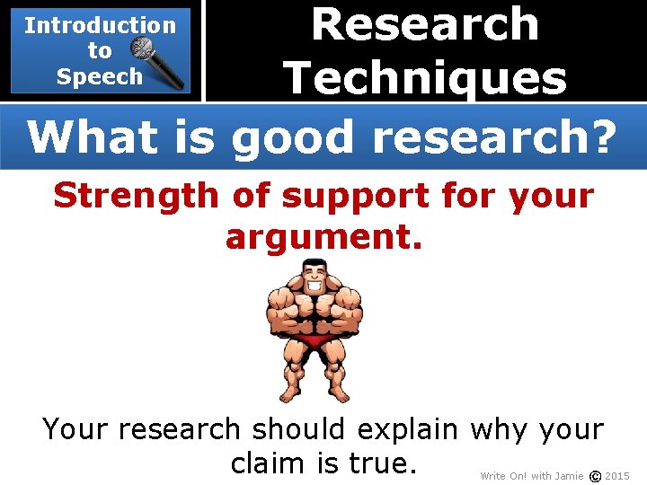Research Techniques What is good research? Introduction to Speech Strength of support for your