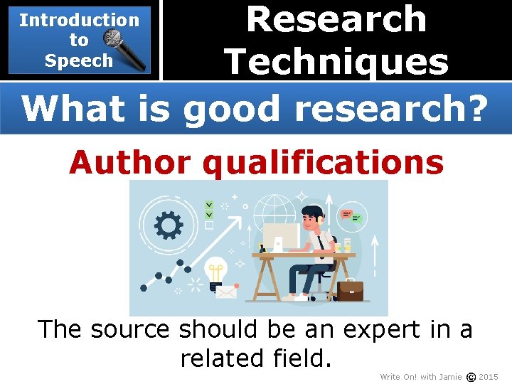 Research Techniques What is good research? Introduction to Speech Author qualifications The source should