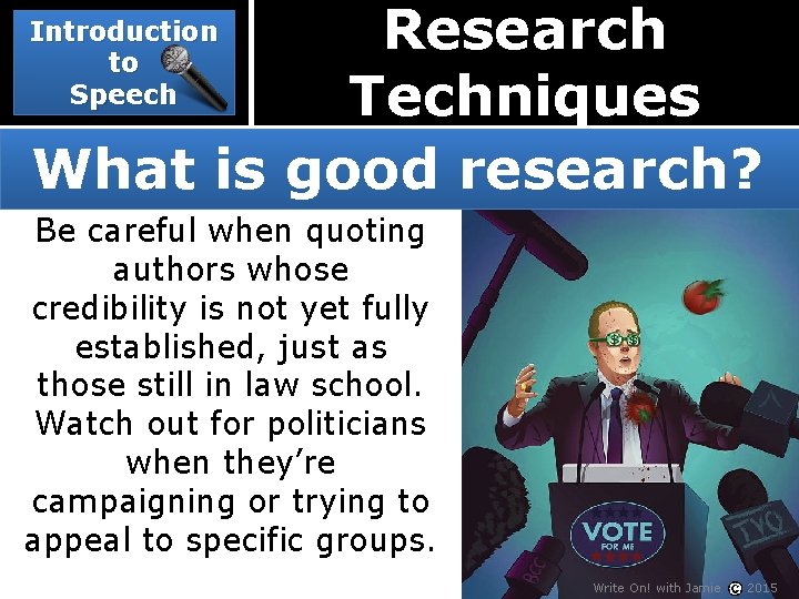 Research Techniques What is good research? Introduction to Speech Be careful when quoting authors
