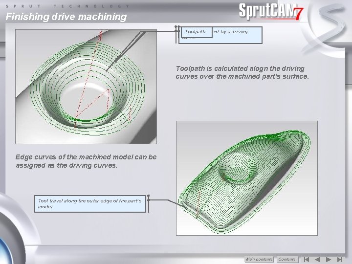 Finishing drive machining Job Machined Toolpath assignment area by a driving curve Toolpath is