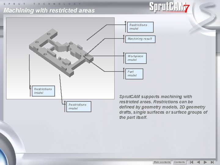 Machining with restricted areas Restrictions model Machining result Workpiece model Part model Restrictions model