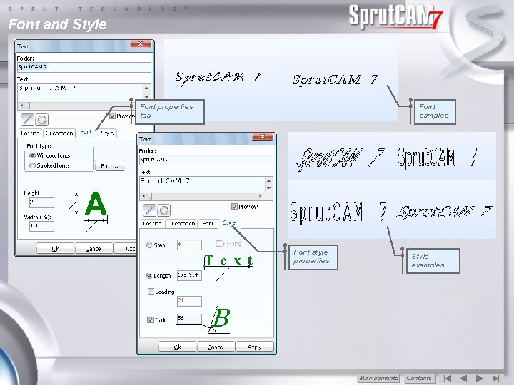 Font and Style Font properties tab Font samples Font style properties Style examples Main