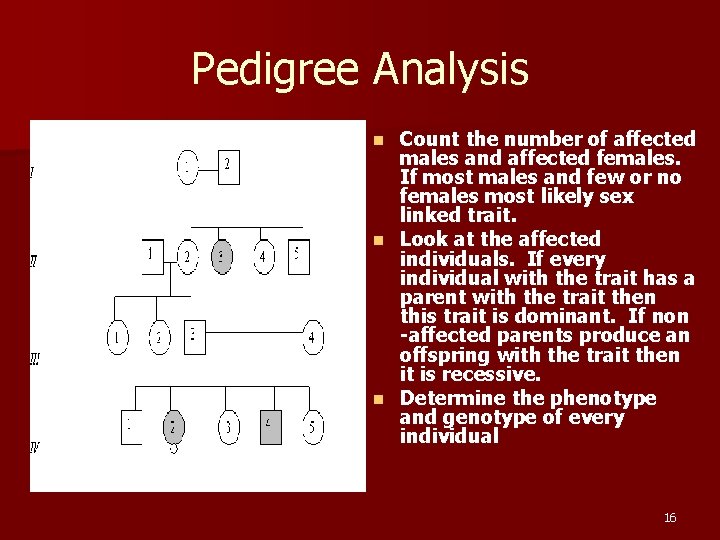 Pedigree Analysis Count the number of affected males and affected females. If most males