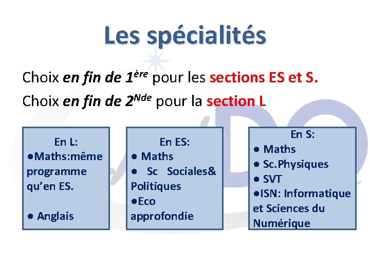 Les spécialités Choix en fin de 1ère pour les sections ES et S. Choix