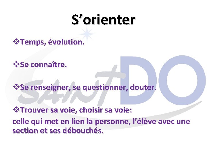 S’orienter v. Temps, évolution. v. Se connaître. v. Se renseigner, se questionner, douter. v.