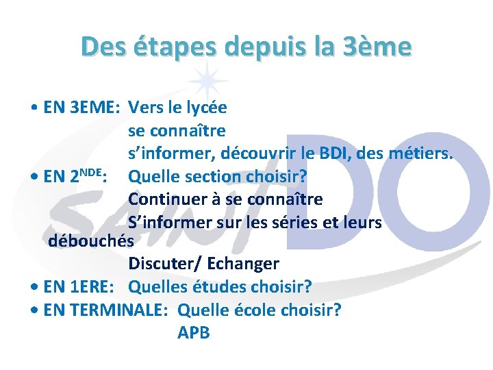 Des étapes depuis la 3ème • EN 3 EME: Vers le lycée se connaître