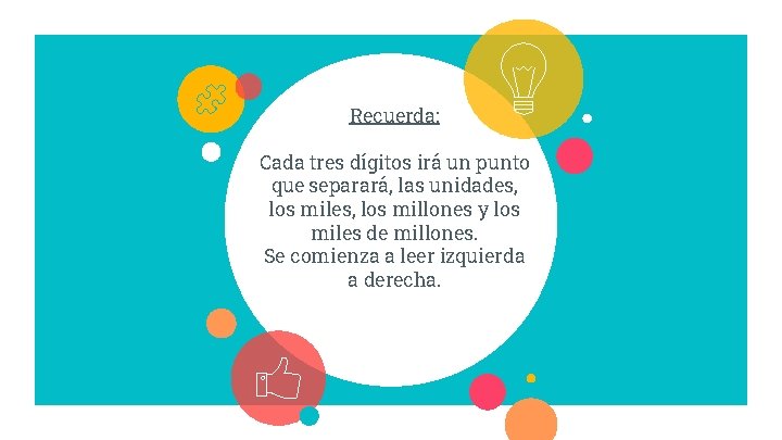 Recuerda: Cada tres dígitos irá un punto que separará, las unidades, los millones y