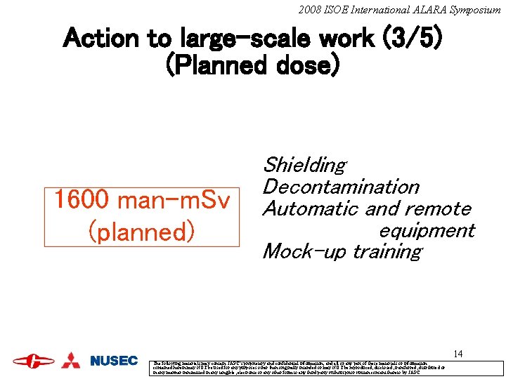 2008 ISOE International ALARA Symposium Action to large-scale work (3/5) (Planned dose) 1600 man-m.