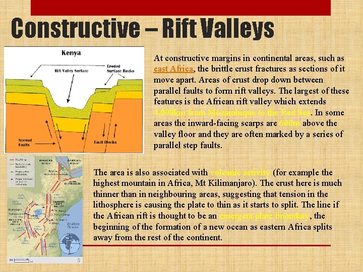 Constructive – Rift Valleys At constructive margins in continental areas, such as east Africa,