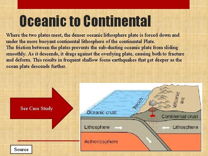 Oceanic to Continental Where the two plates meet, the denser oceanic lithosphere plate is
