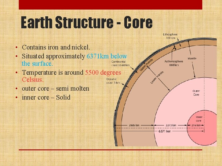 Earth Structure - Core • Contains iron and nickel. • Situated approximately 6371 km
