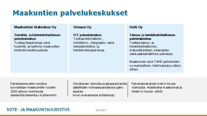 Maakuntien palvelukeskukset Maakuntien tilakeskus Oy Vimana Oy Hetli Oy Toimitila- ja kiinteistöhallinnon palvelukeskus Tuottaa