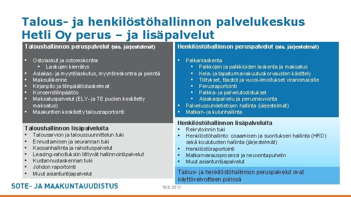 Talous- ja henkilöstöhallinnon palvelukeskus Hetli Oy perus – ja lisäpalvelut Taloushallinnon peruspalvelut (sis. järjestelmät) Talous- ja henkilöstöhallinnon palvelukeskus Hetli Oy perus – ja lisäpalvelut Taloushallinnon peruspalvelut (sis. järjestelmät)