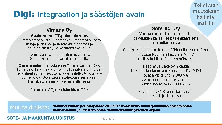 Digi: integraation ja säästöjen avain Sote. Digi Oy Vimana Oy Vastaa uusien digitaalisten sotepalveluiden