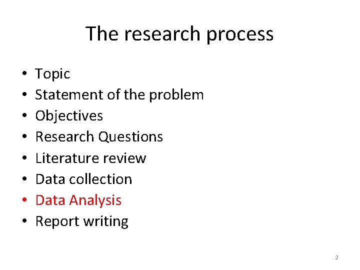 The research process • • Topic Statement of the problem Objectives Research Questions Literature