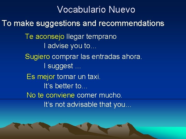 Vocabulario Nuevo To make suggestions and recommendations Te aconsejo llegar temprano I advise you
