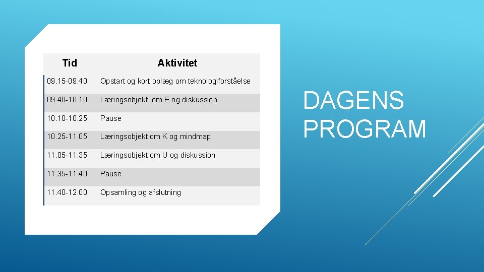 Tid Aktivitet 09. 15 -09. 40 Opstart og kort oplæg om teknologiforståelse 09. 40