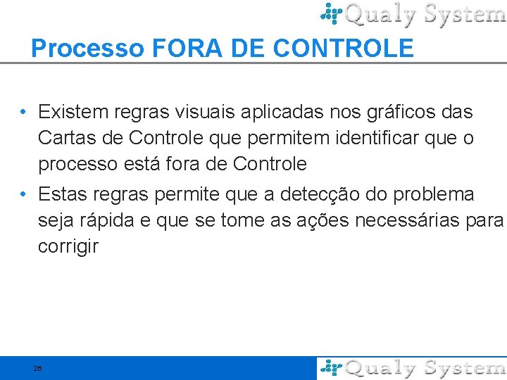 Processo FORA DE CONTROLE • Existem regras visuais aplicadas nos gráficos das Cartas de