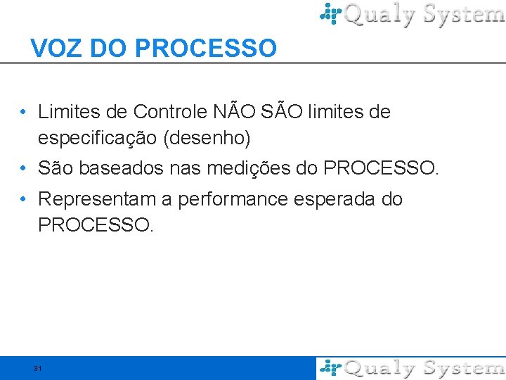 VOZ DO PROCESSO • Limites de Controle NÃO SÃO limites de especificação (desenho) •