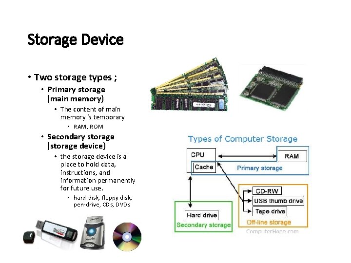 Storage Device • Two storage types ; • Primary storage (main memory) • The Storage Device • Two storage types ; • Primary storage (main memory) • The