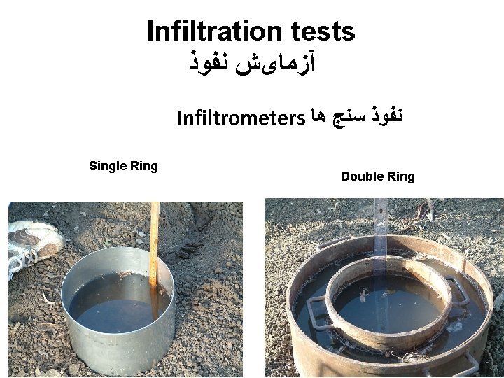 Infiltration tests آﺰﻣﺎیﺶ ﻧﻔﻮﺫ Infiltrometers ﻧﻔﻮﺫ ﺳﻨﺞ ﻫﺎ Single Ring Double Ring 