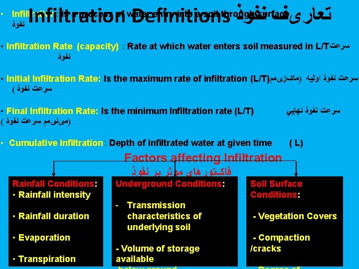 Infiltration Definitions ﺗﻌﺎﺭیﻒ ﻧﻔﻮﺫ • Infiltration: is a process of water entry into a